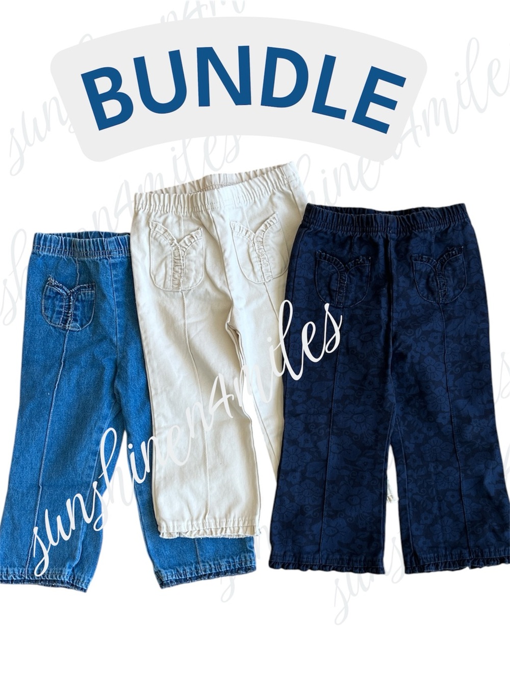 Faded Glory Toddler Girl 24M LightDenim, Khaki, Navy Blue Floral Pants Bundle
